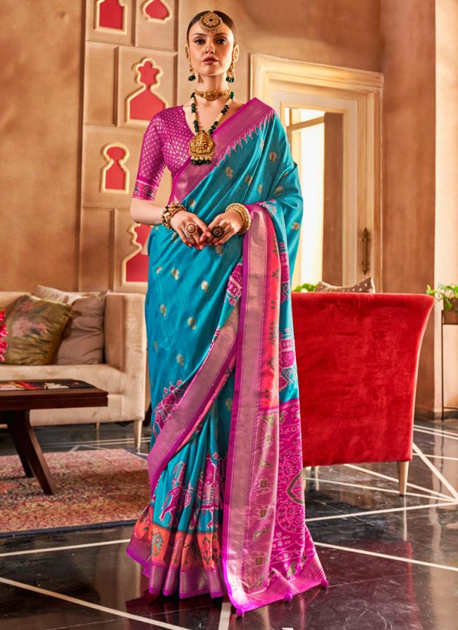 Silk Sky Blue Festival Wear Foil Printed Saree